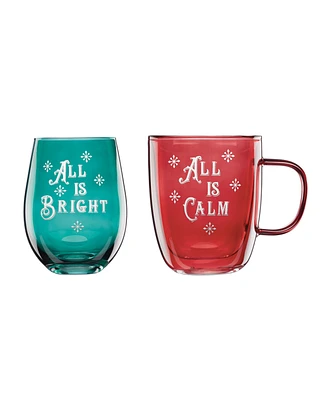 Cambridge 18 Oz Red Green Mug Wine Glass, Set of 2