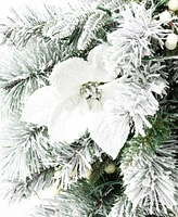 Glitzhome 3ft Pre Lit Flocked Greenery Pine White Poinsettia and Berries Christmas Swag with 50 Warm White Lights and Timer, Three Function