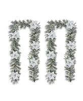 Glitzhome Set of 2 9ft Pre Lit Snow Flocked Greenery Pine Poinsettia Christmas Garland, with 50 Warm White Lights with Timer, Three Function