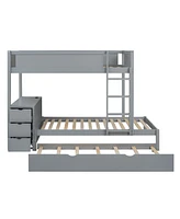 Simplie Fun Twin Over Twin Bunk Bed With Twin Size Trundle, Storage And Desk, Gray