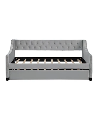 Simplie Fun Twin Size Upholstered Daybed With Trundle, Sturdy Wood Bed Frame with Bed Frame Tufted Button