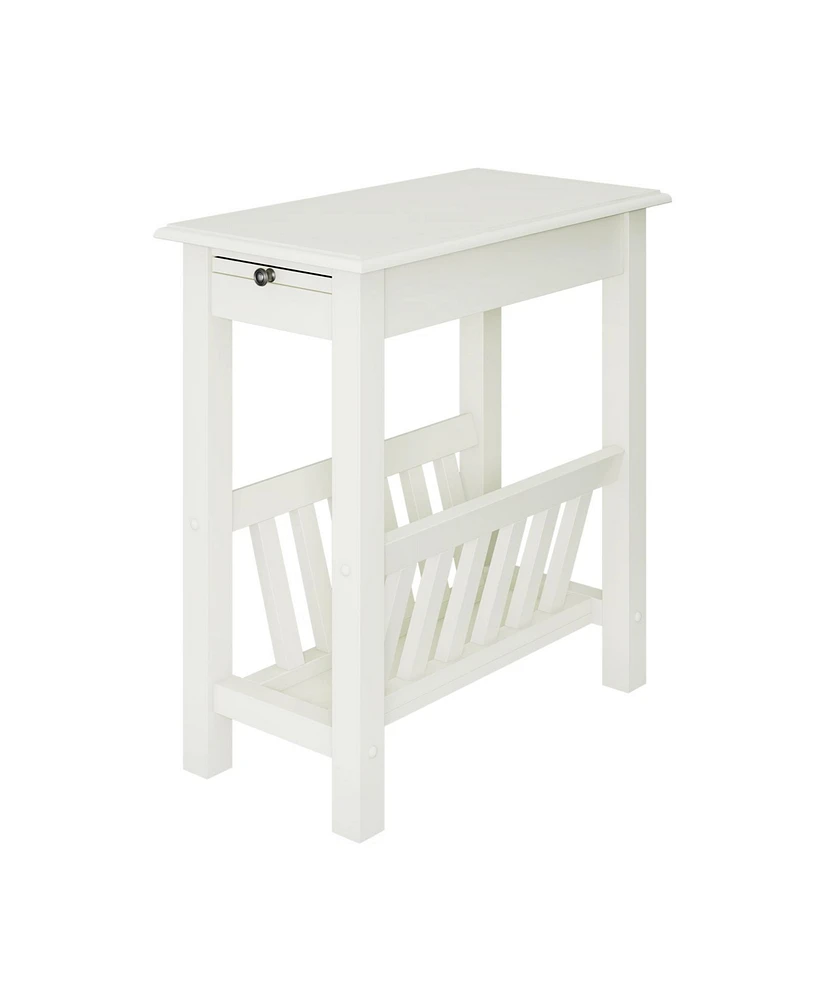 Slickblue 2-Tier Narrow End Table with Pull-out Tray and Solid Rubber Wood Legs-White