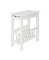 Slickblue 2-Tier Narrow End Table with Pull-out Tray and Solid Rubber Wood Legs-White