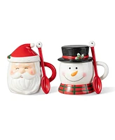 Glitzhome Set of 2 Christmas Ceramic Santa Snowman Mug with Lid and Spoon