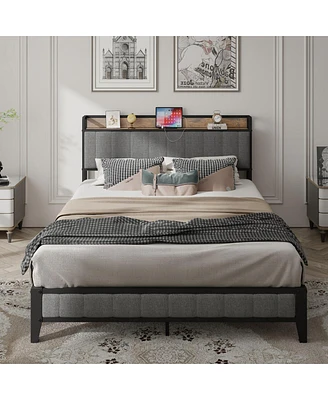 Streamdale Furniture Queen Size Bed Frame With Charging Station, Upholstered Headboard, Metal Platform, Grey