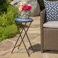 Blue & White Folding Patio Accent Table with Glass Top
