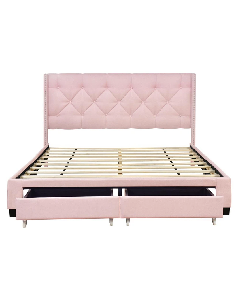 Simplie Fun Queen Size Storage Bed Linen Upholstered Platform Bed With Two Drawers - Pink