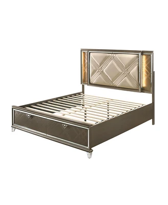 Simplie Fun Skylar Full Bed with Storage, Led, Pu & Dark Champagne