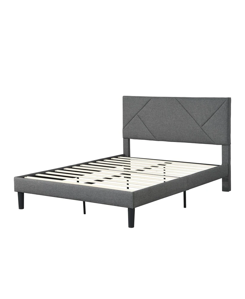 Simplie Fun Queen Size Upholstered Platform Bed Frame With Headboard, Strong Wood Slat Support, Mattress