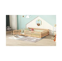 Streamdale Furniture Full Size Bed Floor Bed with Safety Guardrails and Door for Kids, Natural