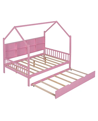 Simplie Fun Wooden Full Size House Bed With Trundle, Kids Bed With Shelf