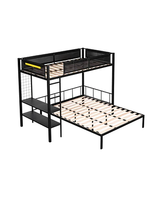 Simplie Fun Metal Twin Over Full Bunk Bed with Shelves & Grid Panel