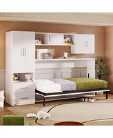 Simplie Fun Twin Size Murphy Bed With Open Shelves And Storage Drawers, Builtin Wardrobe And Table