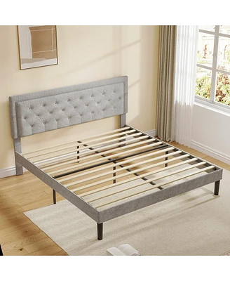 Simplie Fun Light Grey Bed Frame With Adjustable Border Headboard Queen Size