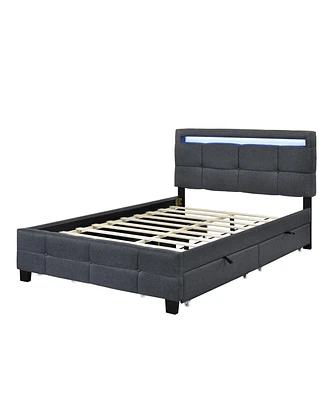 Simplie Fun Full Size Upholstered Platform Bed With Led Frame And 4 Drawers, Linen Fabric, Gray