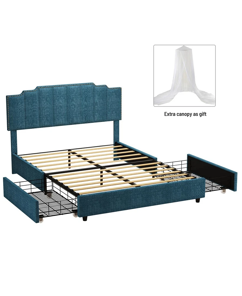 Simplie Fun Queen Size Upholstered Platform Bed Linen Bed Frame With 2 Drawers Stitched Padded Headboard