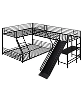 Simplie Fun L-Shaped Twin Over Full Bunk Bed With Twin Size Loft Bed, Built-In Desk And Slide