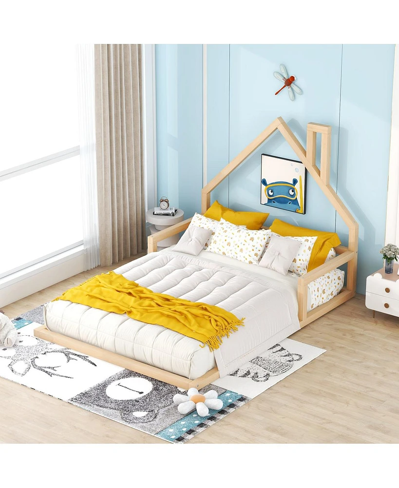 Simplie Fun Full Size Wood Floor Bed With House-Shaped Headboard