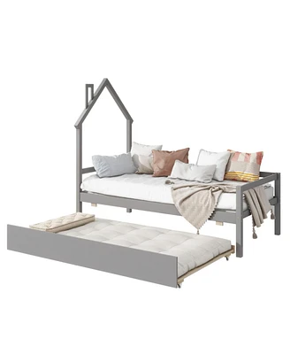 Simplie Fun Twin Wooden Daybed With Trundle, Twin House-Shaped Headboard Bed With Guardrails, Grey