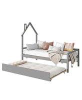 Simplie Fun Twin Wooden Daybed With Trundle, Twin House-Shaped Headboard Bed With Guardrails, Grey