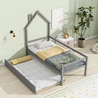 Streamdale Furniture Twin Wooden Daybed With Trundle, Twin House-Shaped Headboard Bed With Guardrails, Grey