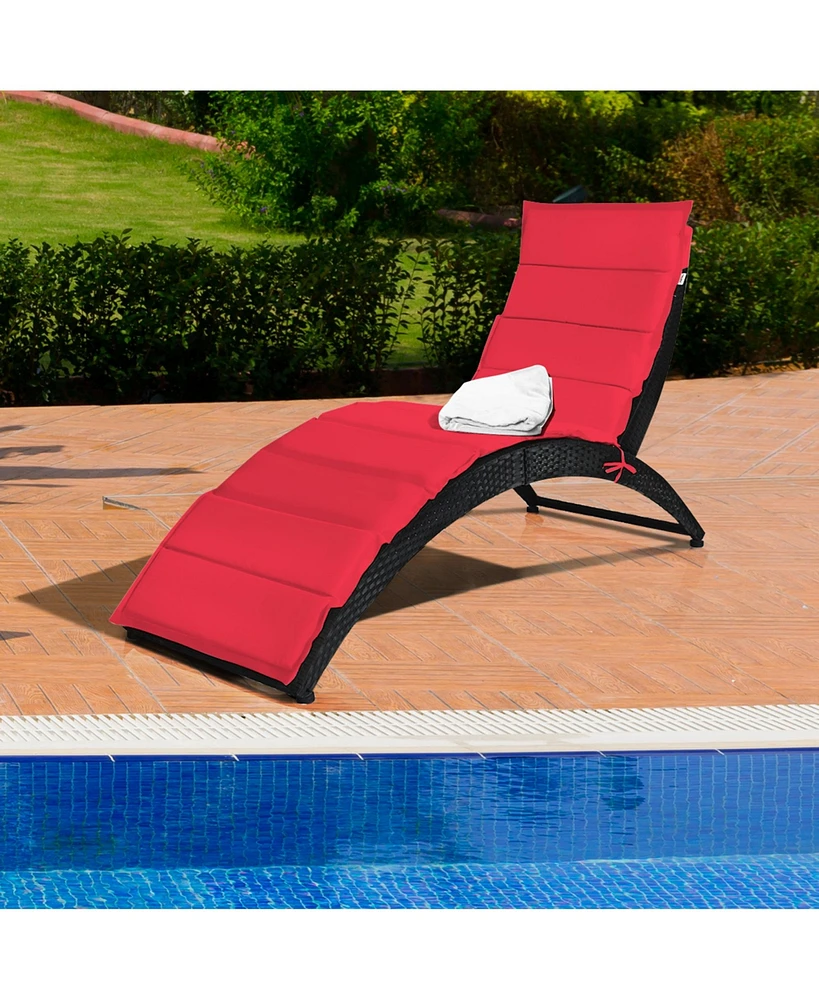 Gymax Foldable Rattan Wicker Chaise Lounge Chair w/ Turquoise Cushion Patio Outdoor