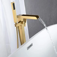 Streamdale Furniture Bathroom Freestanding Waterfall Tub Filler Brushed Gold Floor Mount Faucet With Hand Shower