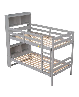 Simplie Fun Twin Over Twin Bunk Beds With Bookcase Headboard, Solid Wood Bed Frame With Safety Rail