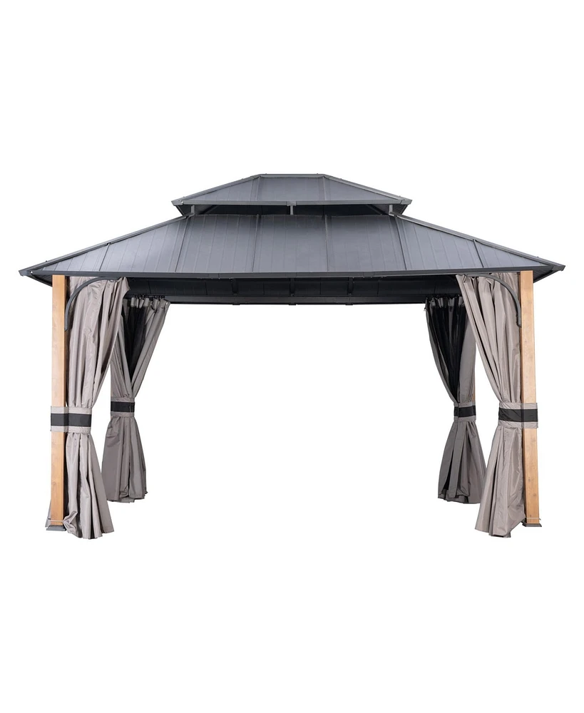 Mondawe 12 ftx14 ft Hardtop Gazebo Double Roof Aluminum Patio Gazebo with Netting and Curtains