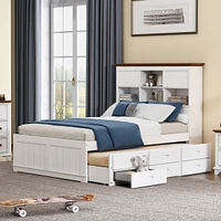 Solid Pine Captain Bookcase Bed With Trundle Bed And 3 Spacious Under Bed Drawers, Full