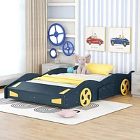 Streamdale Furniture Full Size Race Car-Shaped Platform Bed With Wheels And Storage, Dark Blue+Yellow