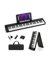 Slickblue 61-Key Folding Piano Keyboard with Full Size Keys and Music Stand-Black