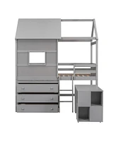 Simplie Fun Twin Size House Loft Bed With Storage Desk And 3 Drawer Chest