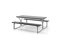 Slickblue 6 Ft Picnic Table Bench Set Dining and 2 Benches with Metal Frame Hdpe Tabletop