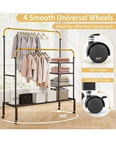 Slickblue Rolling Double Rods Garment Rack with Height Adjustable Hanging Bars