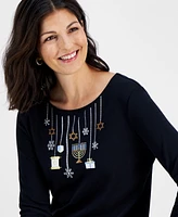 Holiday Lane Women's Hanukkah Fun long-Sleeve Tee, Created for Macy's