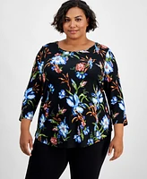 Jm Collection Plus Printed 3/4-Sleeve Top, Created for Macy's