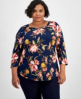 Jm Collection Plus Size Printed 3/4-Sleeve Top, Created for Macy's