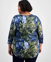 Jm Collection Plus Printed 3/4-Sleeve Top, Created for Macy's