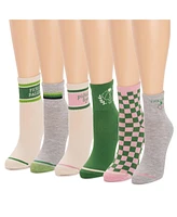 Muk Luks Women's 6 Pack Pickle ball Quarter Crew Socks, Pink/Green, One Size