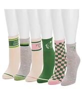 Muk Luks Women's 6 Pack Pickle ball Quarter Crew Socks, Pink/Green, One Size