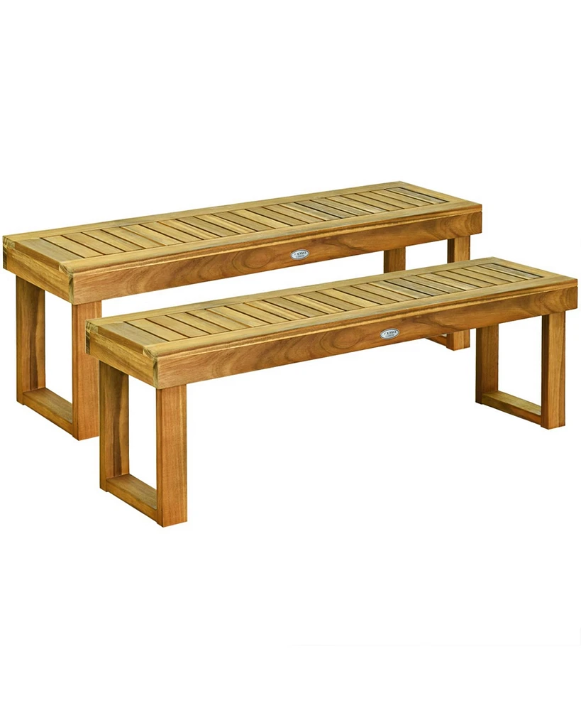 Gymax Set of 2 Patio Garden Dining Bench Acacia Wood Bench