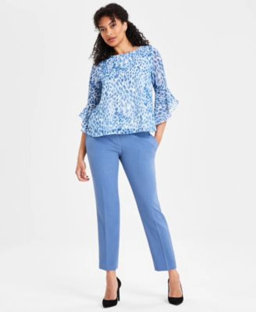 Kasper Womens Animal Print Ruffle Sleeve Blouse Slim Leg Pants
