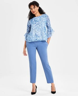 Kasper Womens Animal Print Ruffle Sleeve Blouse Slim Leg Pants