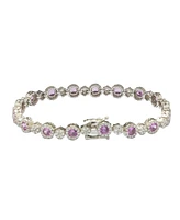 Pink Sapphire & Lab-Grown White Sapphire Round Halo Cluster Tennis Bracelet in Sterling Silver