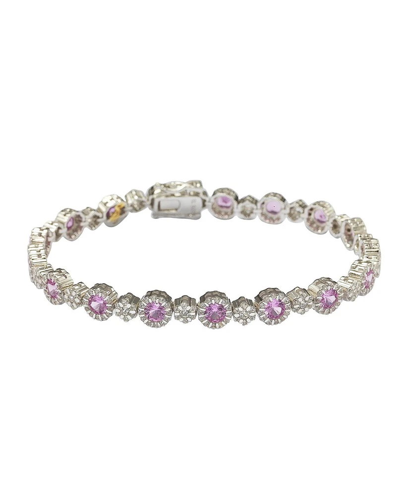 Suzy Levian New York Pink Sapphire & Lab-Grown White Sapphire Round Halo Cluster Tennis Bracelet in Sterling Silver