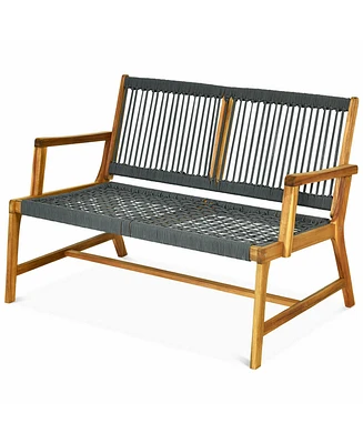 Gymax Wooden Rope Bench Loveseat Patio Garden Outdoor w/ Armrest & Backrest