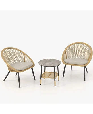 Mondawe Outdoor Wicker Metal Mesh Shell Chairs and Side Table Set - Set of 2