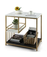 Slickblue 3-Tier Multi-function Marble End Table with Storage Shelf-Golden