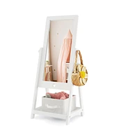 Slickblue Kids Full Length Wooden Standing Mirror with Bottom Shelf and Foldable Storage Bin-White